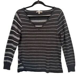 Smartwool Merino Wool Blend Striped V-Neck Sweater Gray Black Medium Outdoor